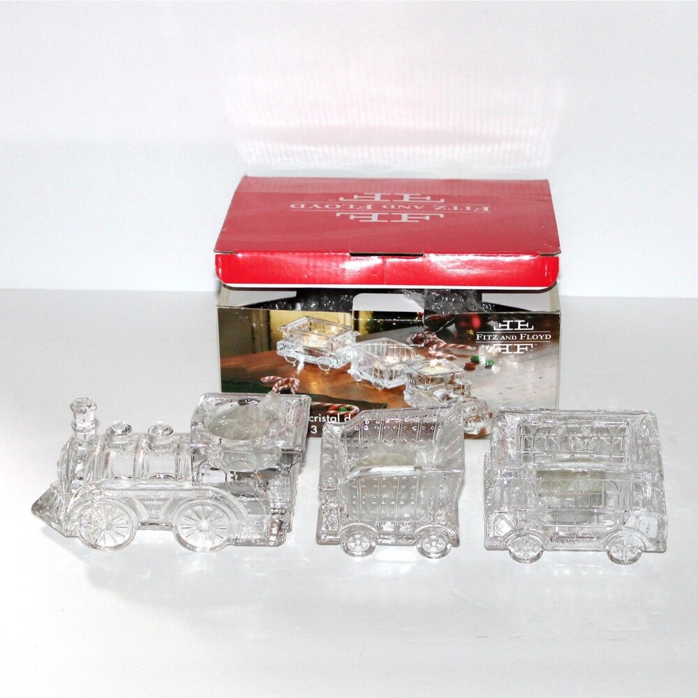 Fitz and Floyd Train votive Candle Holder Christmas Decor 3 piece clear railroad